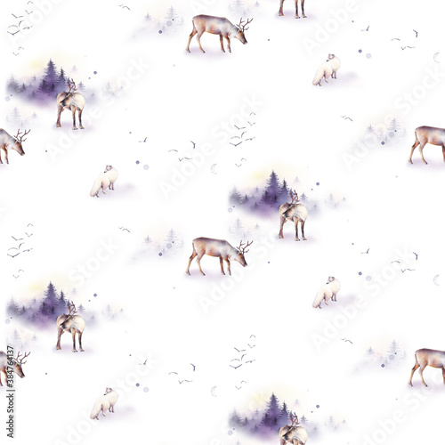 Winter landscape with coniferous forest and reindeer. Watercolor seamless pattern