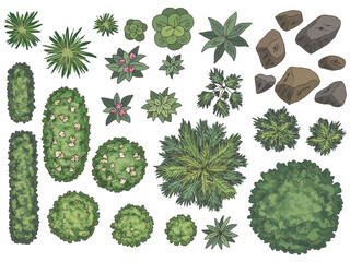 Leinwandbilder Olivgrün Landscape architect design element set graphic color top sketch aerial view illustration vector  © aluna1