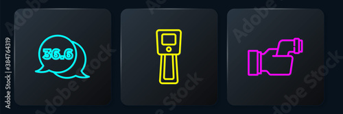 Set line Medical thermometer, Checking body temperature and Digital. Black square button. Vector.