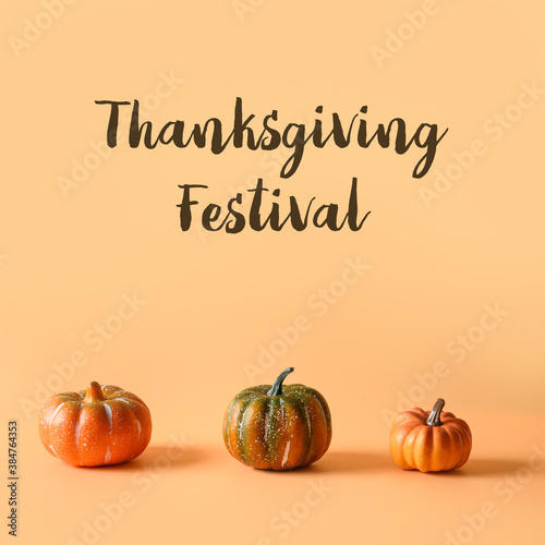 Three pumpkins on orange background with text - Thanksgiving festival.