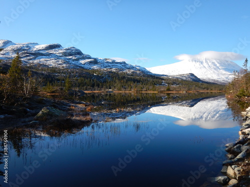Snowy Mountains reflected in the Lake