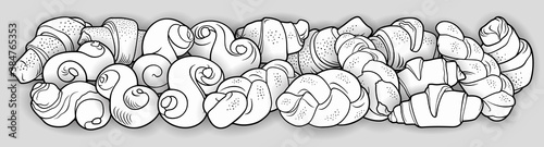Rolls, bagels, braids hand drawn vector doodles illustration.