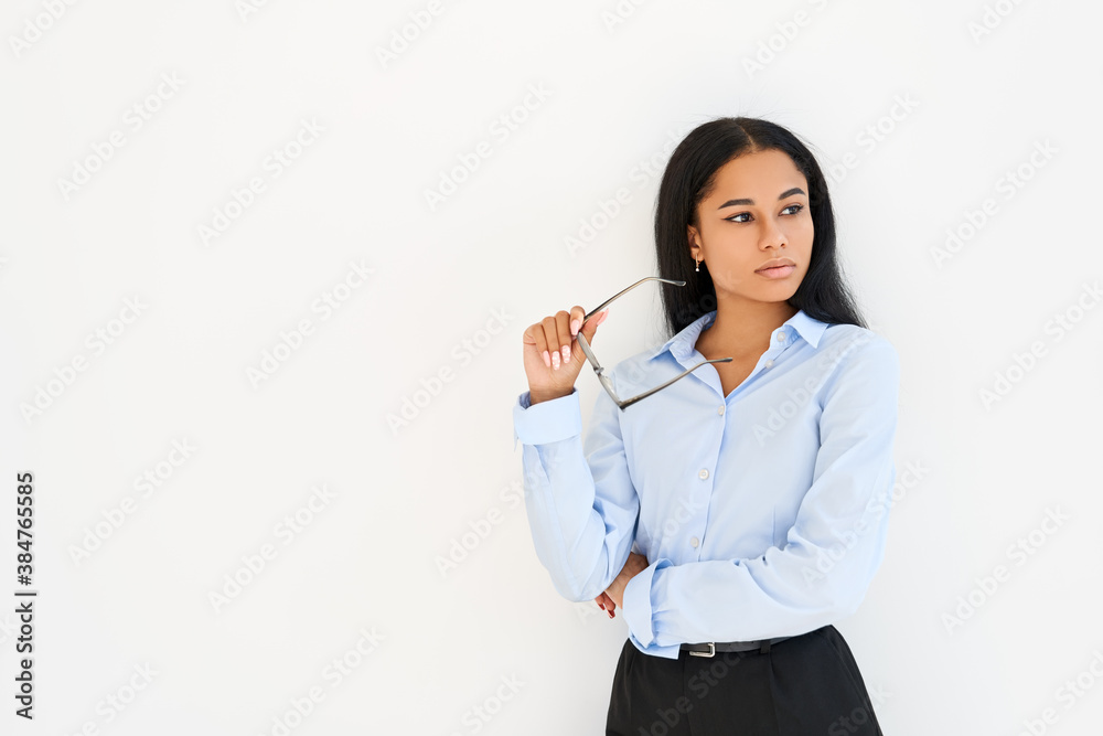 Thoughtful african american businesswoman posing on white background Thoughtful african american businesswoman posing on white background