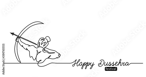 Black and white Dussehra banner with bow, arrow and lord Rama. One continuous line drawing with lettering happy Dussehra. Vector banner, background, sketch, doodle.