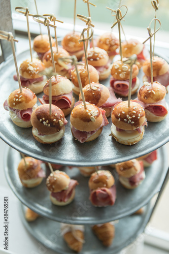 mini smoked meat sandwich on tray. Delicious Mini Sandwiches with Homemade Bread