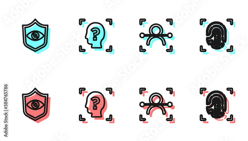 Set line Face recognition, Shield eye scan, and Fingerprint icon. Vector.