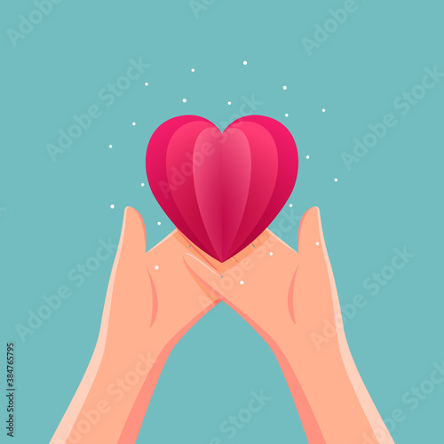 Hands holding red hearts. concept of giving heart. vector illustration