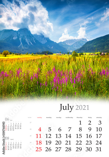 Calendar July 2021, vertical B3 size. Set of calendars with amazing landscapes. Attractive summer view of Golfclub Zugspitze near the Lermoos village in Austrian Alps. Unterdorf, Austria, Europe. photo