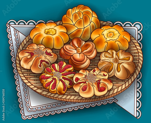 Buns, flower, jam, lemon on the napkin composition.