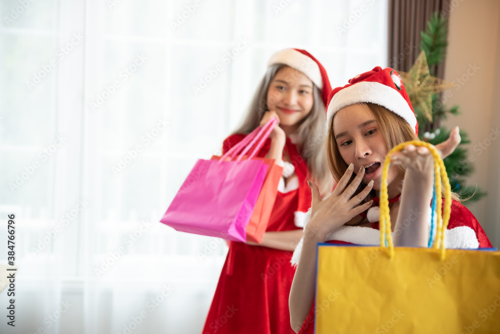 Merry Christmas and Happy New Year!. Young woman in red dress santa with shopping bags. Merry Christmas and Happy New Year!. Young woman in red dress santa with shopping bags.