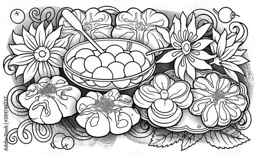 Buns, flowers, jam hand drawn vector doodle illustration.
