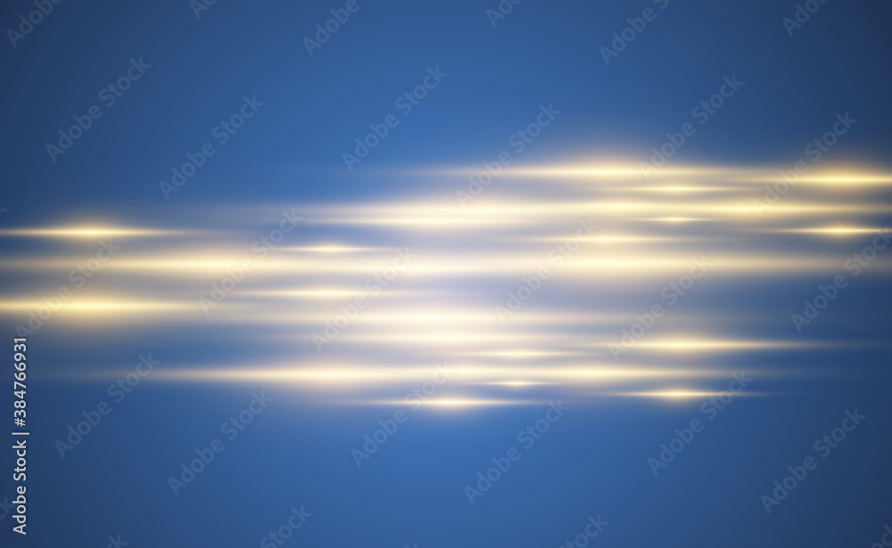 Beautiful bright horizontal flare. Golden glare on a transparent background. Light stripes on a dark background. Yellow rays.