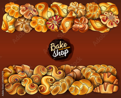 Buns and pastries hand drawn vector doodle colorful illustration.