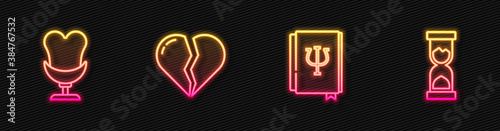 Set line Psychology book, Psi, Armchair, Broken heart or divorce and Old hourglass. Glowing neon icon. Vector.