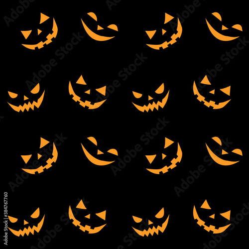 Seamless pattern of smiling scary faces in flat style. Halloween's vector background and texture for party, poster, invitation, any design. Isolated on black. Jack Lantern