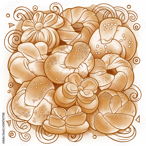 Buns and pastries hand drawn vector doodle colorful illustration