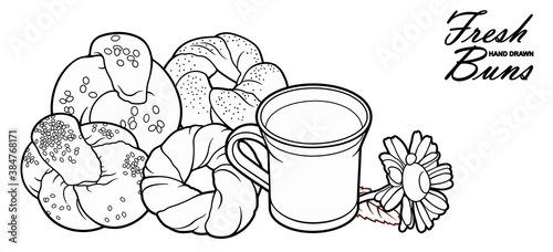 Buns, flowers, milk hand drawn vector doodle illustration.