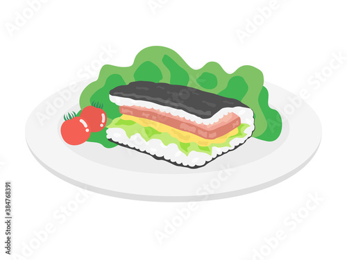 皿に盛られたランチョンミートのおむすびイラスト