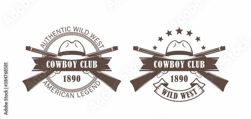 Set of color illustrations of cowboy hat, crossed guns, ribbon with text and lasso. Vector illustration for prints, emblems and labels. Illustration on the theme of American western. Cowboys club logo