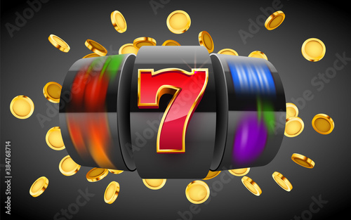 Black slot machine with flying golden coins wins the jackpot. Big win concept.