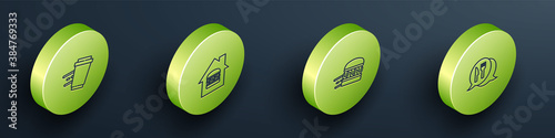 Set Isometric Coffee cup to go, Online ordering and delivery, burger and Cafe restaurant location icon. Vector.
