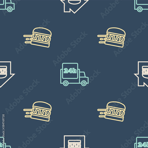 Set line Online ordering and delivery, burger and Fast by car on seamless pattern. Vector.