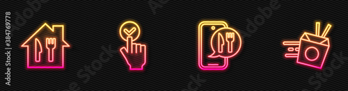 Set line Online ordering and delivery, , and noodles. Glowing neon icon. Vector.