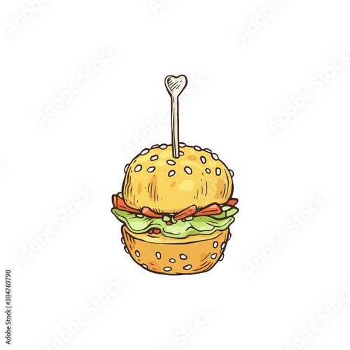 Appetizer in shape of burger on skewer, sketch vector illustration isolated.