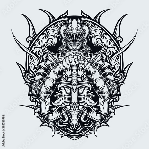 tattoo and t-shirt design dark knight with engraving ornament premium vector