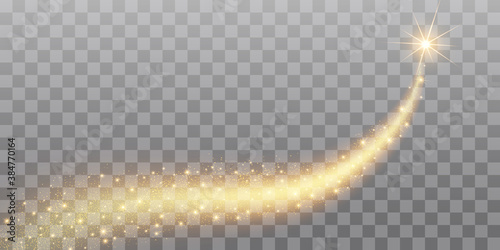 Vector golden sparkling falling star. Stardust trail. Cosmic glittering wave.