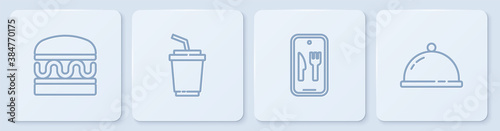 Set line Burger, Online ordering and delivery, Paper glass with water and Covered tray of food. White square button. Vector.