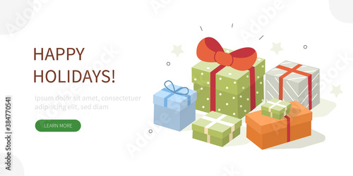 Colorful Gift Boxes Pile decorated with Bows and Ribbons.  Different Holidays Presents Set. Merry Christmas and Happy Hew Year Concept. Flat Isometric Vector Illustration. 
