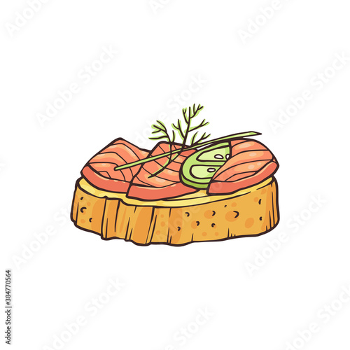 Small canape with salmon fish, sketch hand drawn vector illustration isolated.