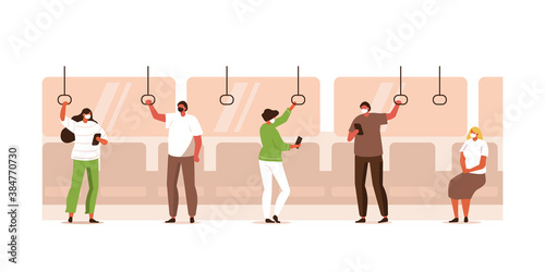People Characters wearing Facial Medical Masks standing and sitting in Subway, Bus or Train.  Social Distancing in Public Transport Concept. Flat Cartoon Vector Illustration.
