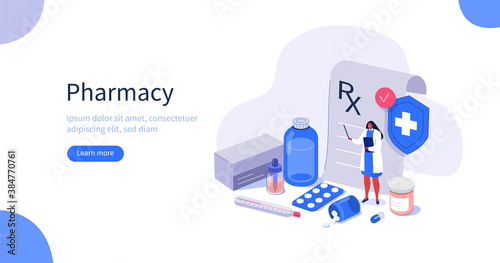 Doctor Pharmacist in Drugstore points on Medical Prescription. Medicine Pills, Capsules and Bottles Lying near. Health Care and Pharmacy Concept.  Flat Isometric Vector Illustration.