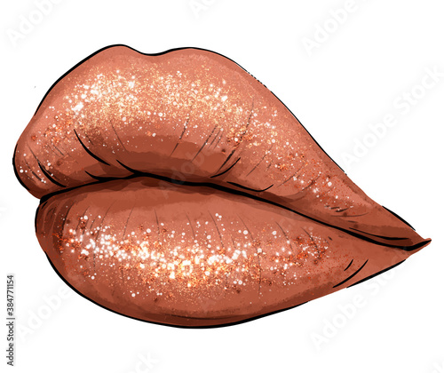 Hand-drawn parted sexy lips in brown color vector. Parted sexy lips brown nude lip color gloss. Beautiful woman's open lips close. Lip balm young girl vector art. Lips lipstick smile