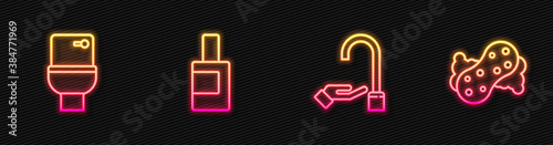 Set line Washing hands with soap, Toilet bowl, Bottle for cleaning agent and Sponge. Glowing neon icon. Vector.
