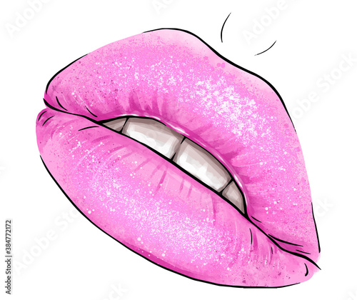 Hand-drawn parted sexy lips in pink color vector. Parted sexy lips pink lip color gloss with teeth. Beautiful woman's open lips close. Lip balm young girl vector art. Lips lipstick glamour glossy