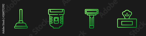 Set line Shaving razor, Rubber plunger, Epilator and Wet wipe pack. Gradient color icons. Vector.
