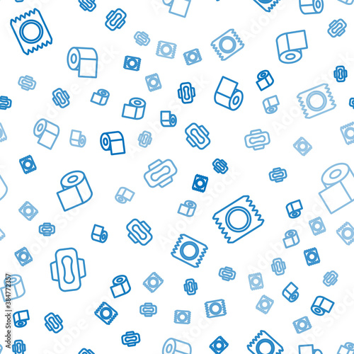 Set line Sanitary napkin, Condom package safe sex and Toilet paper roll on seamless pattern. Vector.