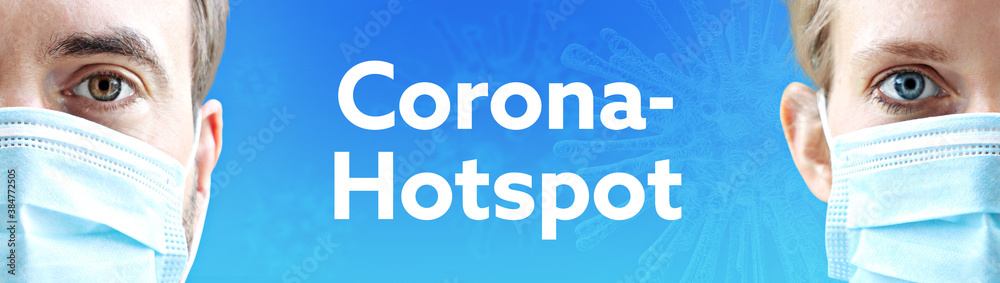 Corona-Hotspot. Gesichter von Mann und Frau mit Mundschutz. Paar mit Maske vor blauen Hintergrund mit Text. Virus, Atemmaske, Corona