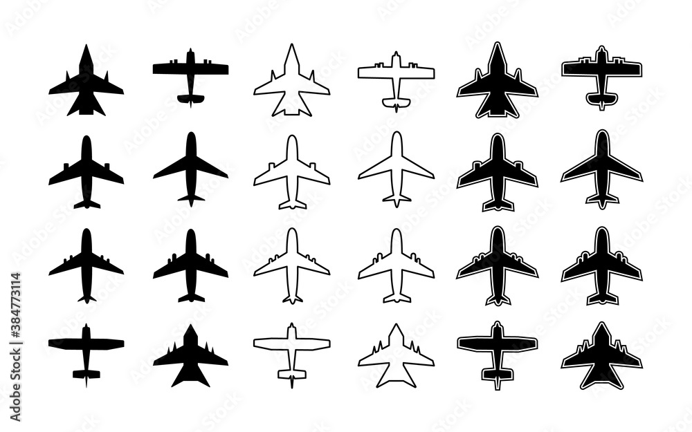 Plane icon. Silhouette of airplane. Outline aircraft for travel, transport, cargo and military. Symbol for airplain. Simple white and black graphic aeroplane. Shape of jet flight. Art for air. Vector Plane icon. Silhouette of airplane. Outline aircraft for travel, transport, cargo and military. Symbol for airplain. Simple white and black graphic aeroplane. Shape of jet flight. Art for air. Vector