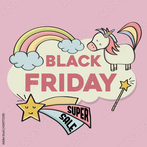 Black friday banner with magical elements for kids shop.