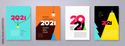 Set of 2021 Happy New Year posters. Creativity inspiration concepts with lightbulb on color background. Business solution,planning ideas. Glowing contents. Minimalist backgrounds for branding, banner.
