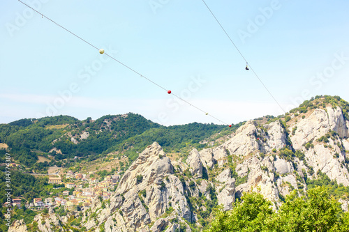 Zipline in mountains dolomiti lucane in basilicata, south Italy