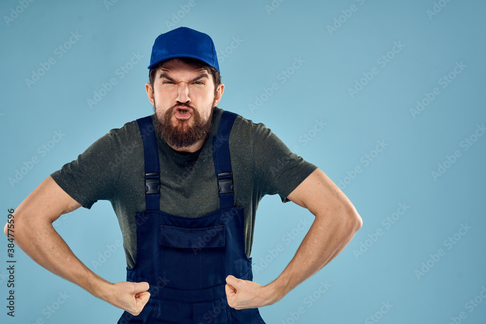 Man in working uniform emotions in life delivery service work Man in working uniform emotions in life delivery service work
