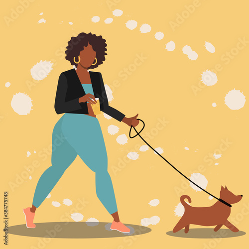 Beautiful afro women in leather jacket walking with dog and drinking coffee. Best friend, alking with pet concept. Flat illustration