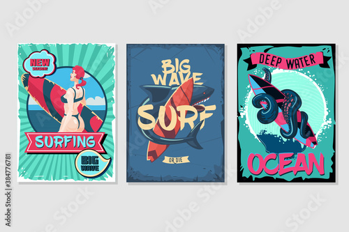 Nautical vintage posters set. Retro style cartoon illustrations. Water sport and sea resort backgrounds with grunge frames.
