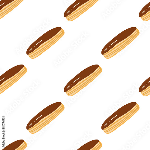 Isolated seamless pattern with doodle creative tasty eclair silhouettes. Chocolate glazed dessert on white background.