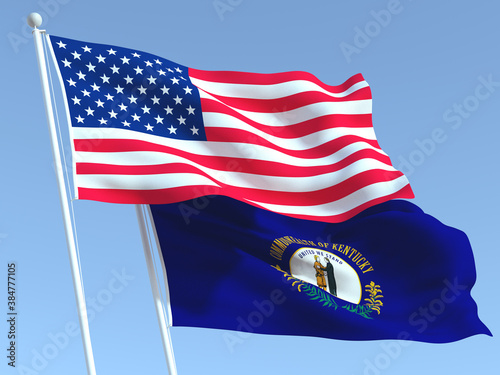 The flags of United States and Kentucky state on the blue sky. For news, reportage, business. 3d illustration